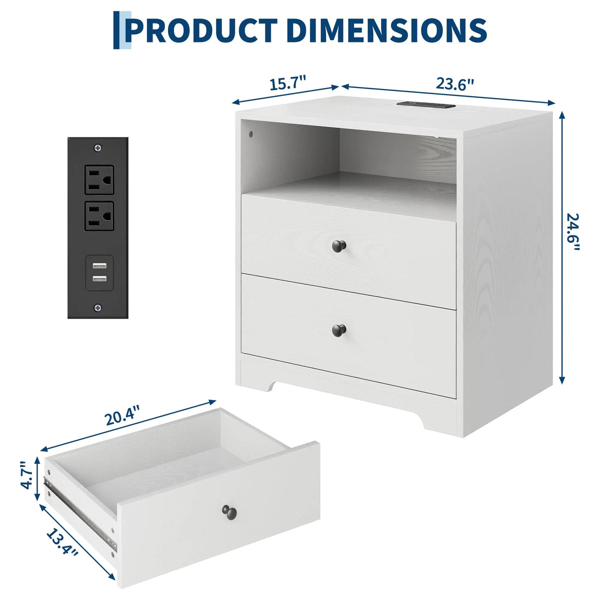 Nightstand Set Of 2 With Charging Station, 2 Drawer Bedside Tables With USB Ports & AC Outlets, Wood End Tables For Bedroom, Living Room