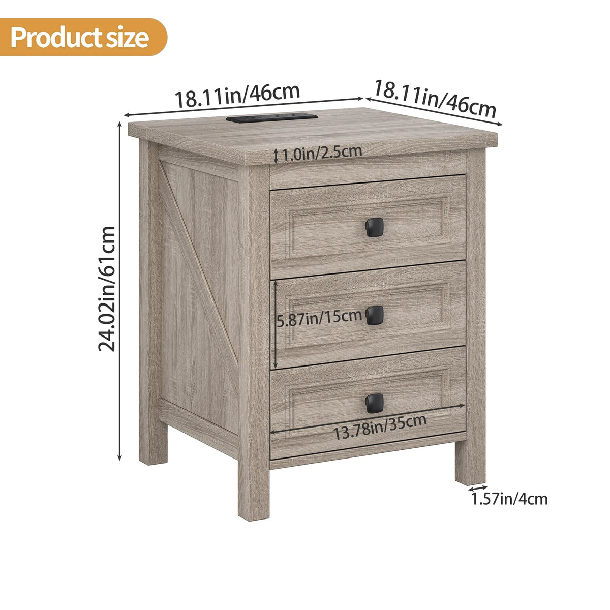 Farmhouse Nightstand w Charging Station AC Outlets USB Port 3 Drawers Side End Table for Bedroom Living Room Grey Wood Grain