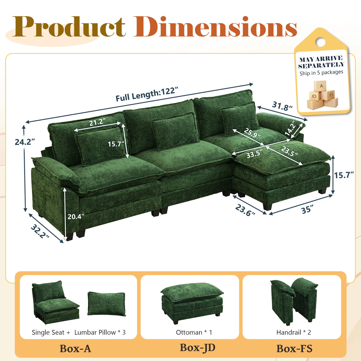TCGBKAF 117" L‑Shaped Modular Cloud Sectional Sofa, Green Corduroy 3 Seater Couch with Ottoman Lumbar Pillow, 2‑Layer Deep Seat Cushion for Living Room Apartment