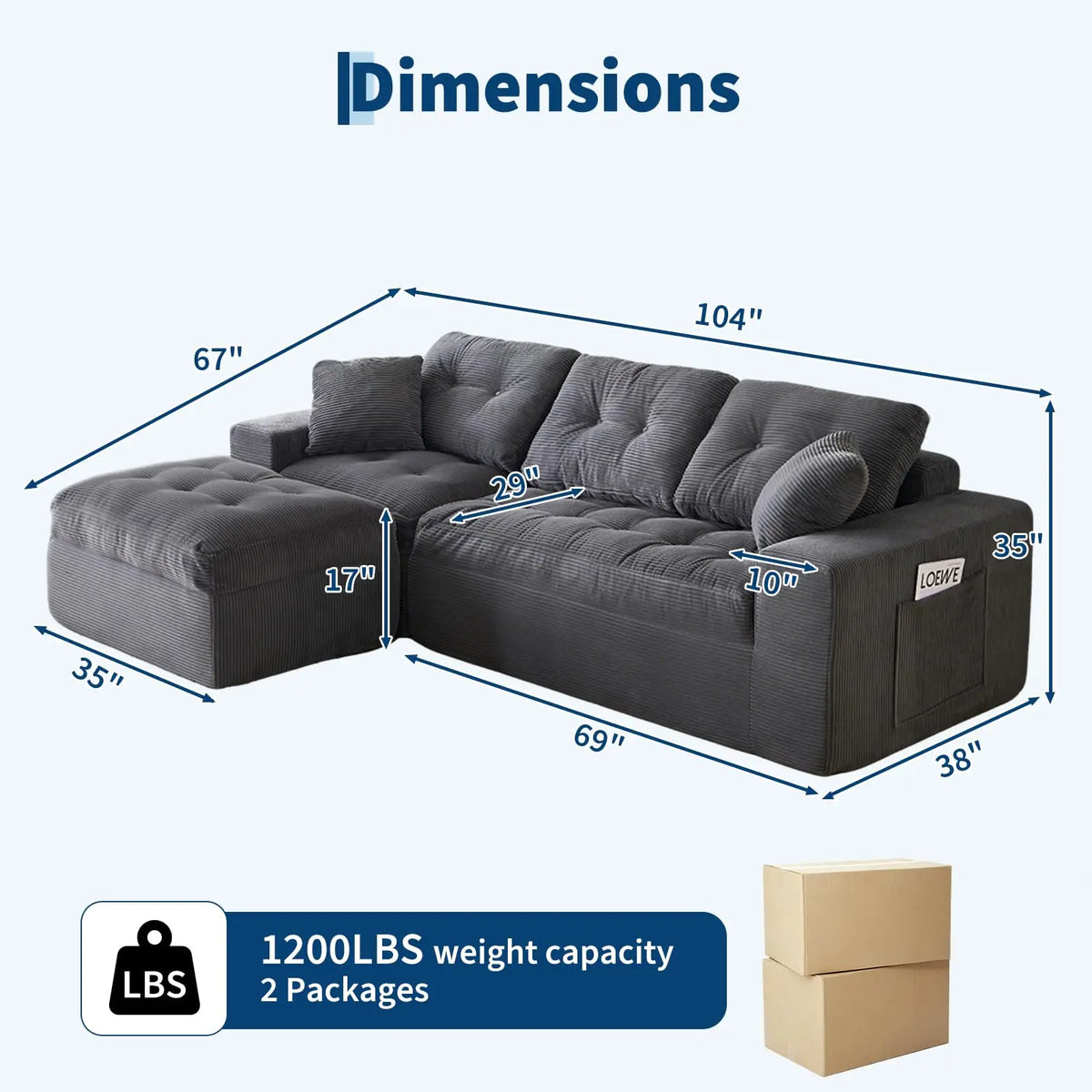 104" Modular Cloud Couch Sectional Sofa With Ottoman, Boneless L Shaped Corduroy Couch, Deep Seat, No Assembly