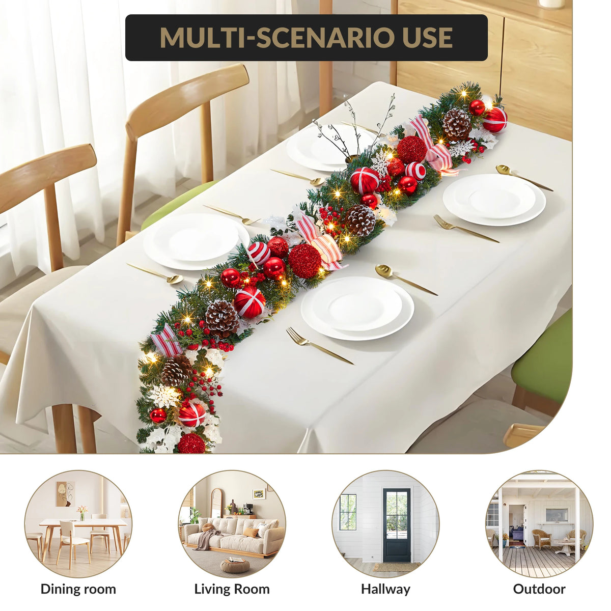 6ft Pre-Lit Christmas Garland with LED Lights, Pine Cones, Berries & Ribbons – Battery Powered Artificial Holiday Decor for Door, Mantle, Stairs – Red and White
