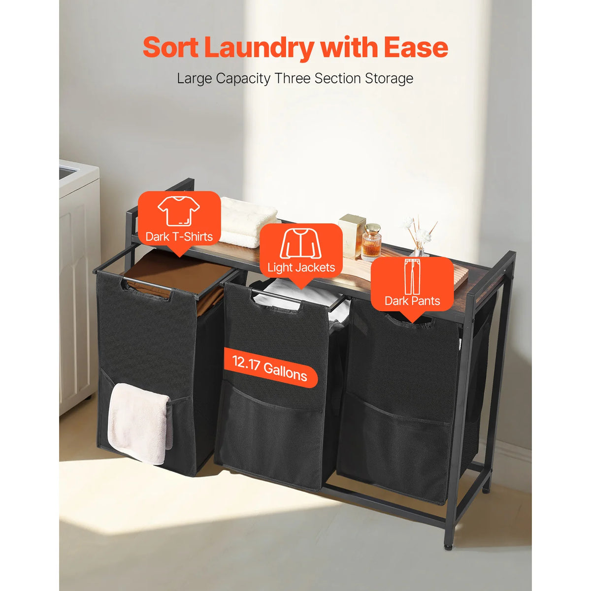 Laundry Sorter Large Laundry Hamper with Metal Frame Freestanding Storage Organizer Baskets for Dirty Clothes, Bathroom