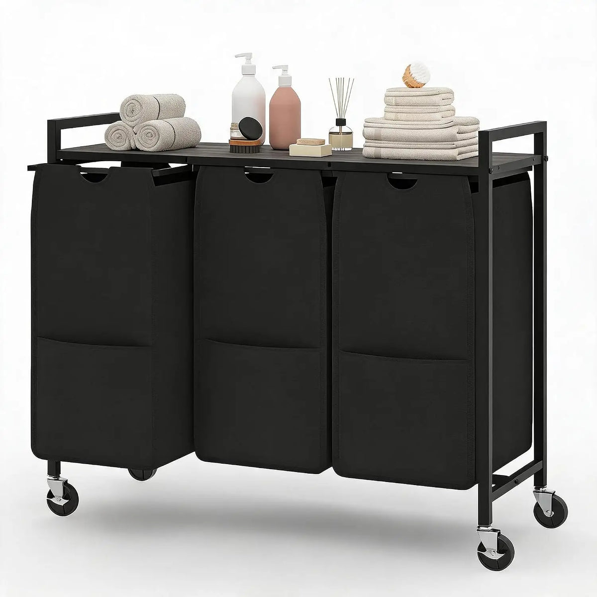 Laundry Sorter 3 Section, Laundry Hamper with Wheels, 120L Laundry Basket with Shelf, Removable Bags, Pockets, for Laundry Room, Bathroom & Bedroom