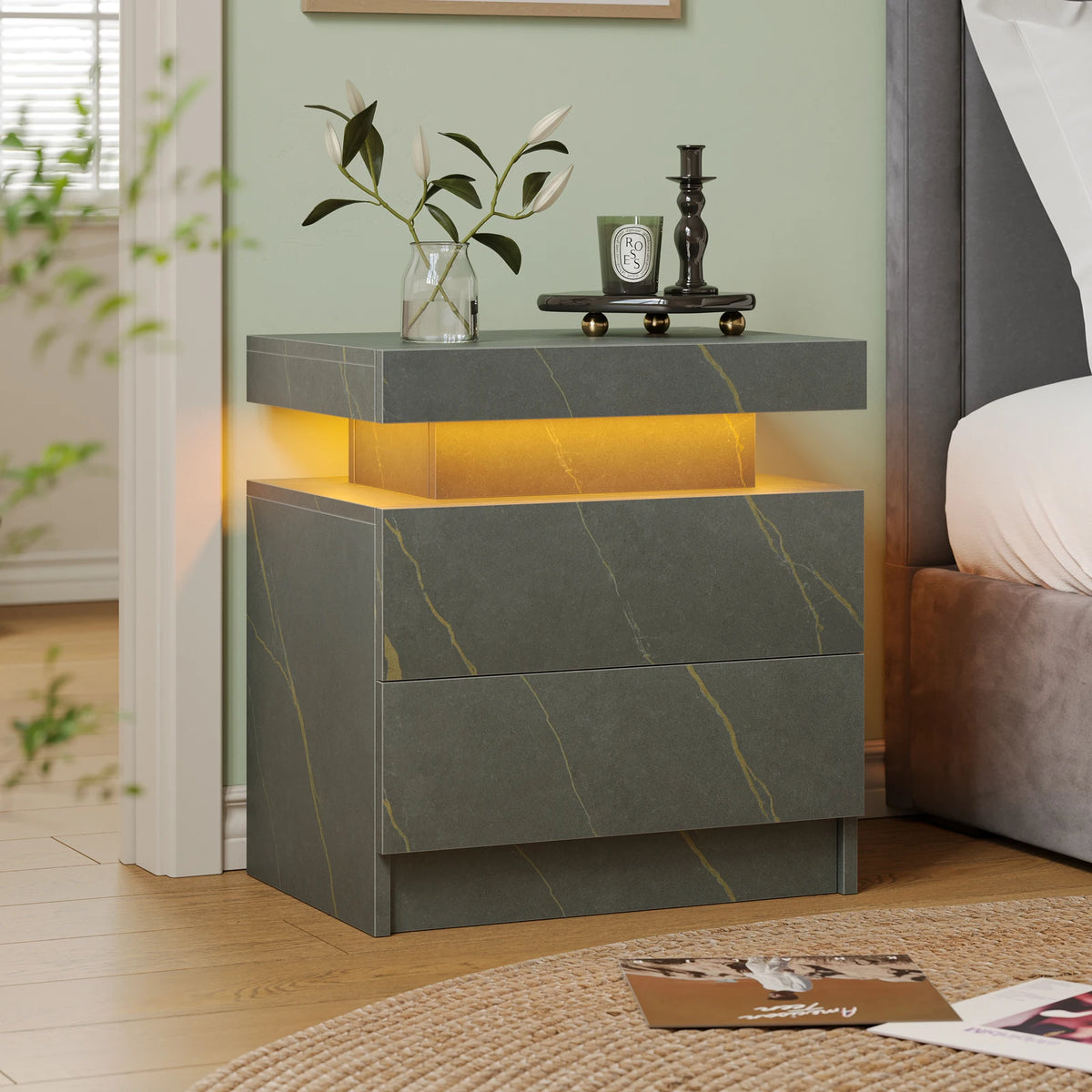 LED Nightstands with 2 Drawers, End Table with RGB LED Lights for Bedroom Living Room, White Bedside Table