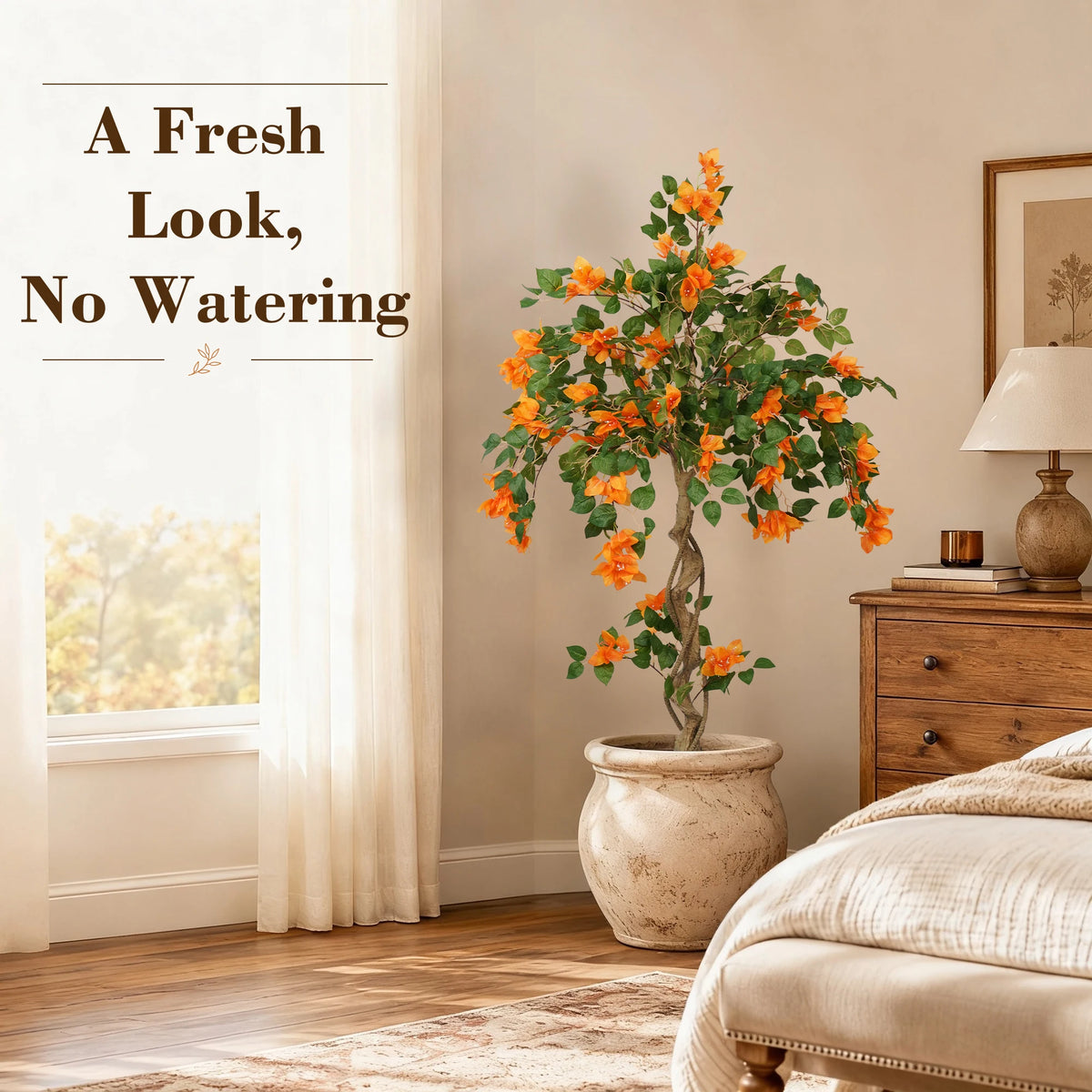 3/4/5FT Artificial Bougainvillea Tree, Orange Faux Bougainvillea Plant with Lush Green Leaves, Realistic Full Blooms Potted Fake Flower Tree for Home Living Room Patio Porch Office Decor