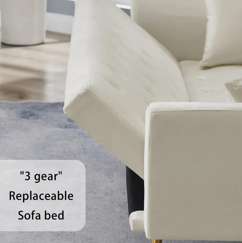 Velvet Convertible Futon Sofa Bed 71" 3-Seater Tufted Sleeper Couch with Gold Metal Legs 3 Position Adjustable Backrest Folding Reclining Sofa with 2 Throw Pillows for Living Room Apartment Small Spaces