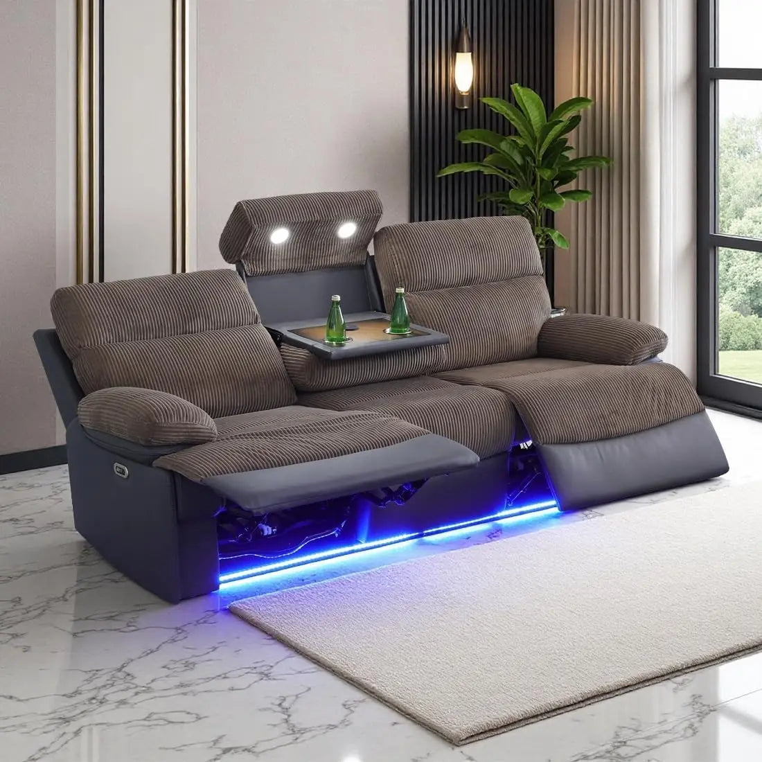 Loveseat Power Recliner Sofa Couch with LED, Corduroy & Breathing Leather Reclining Couch, Sofa for Living Room Home