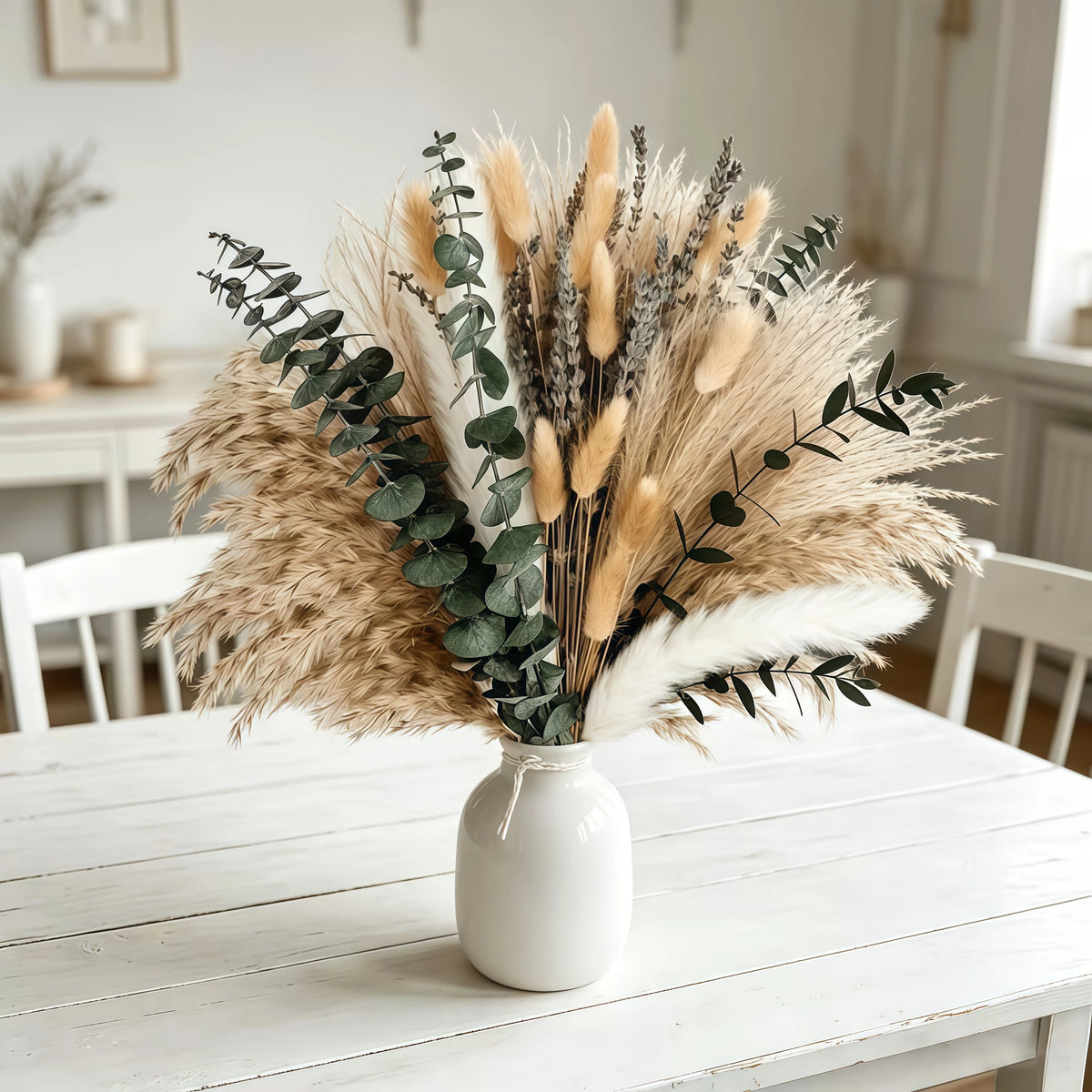 92PCS Pampas Grass Bouquet 17.5in Mixed Dried Flowers Natural Broomcorn Bunny Tails Eucalyptus Craspedia Reed Grass Baby's Breath Boho Wedding Home Decor Farmhouse Table Centerpiece Vase Filler Rustic Fall Vase Not Included