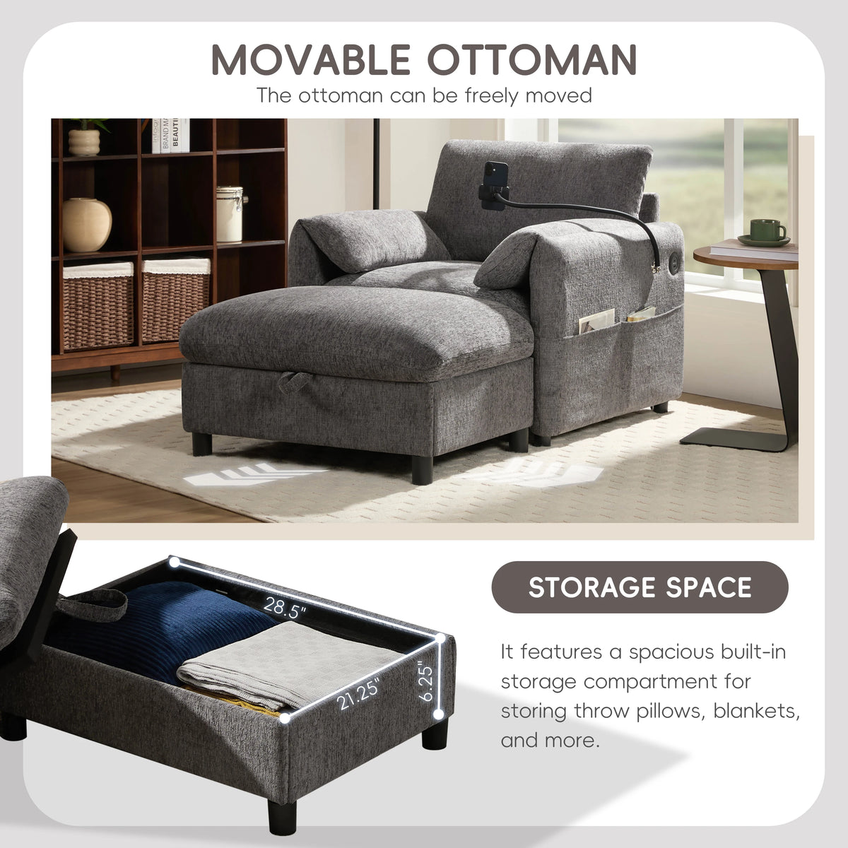 Modern Single Sofa Armchair With Storage Footstool and Adjustable Phone Holder Suitable for Living Room Bedroom Apartment Small Space and Home Office