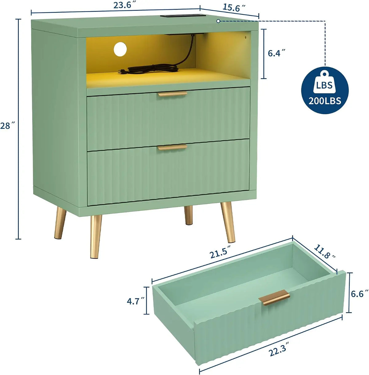 Nightstand with Charging Station with LED Light 2 Drawer 2 USB-A Ports & AC Outlet Open Storage Shelf, Gold Handle, Fluted Storage Drawers Bedside Table for Bedroom