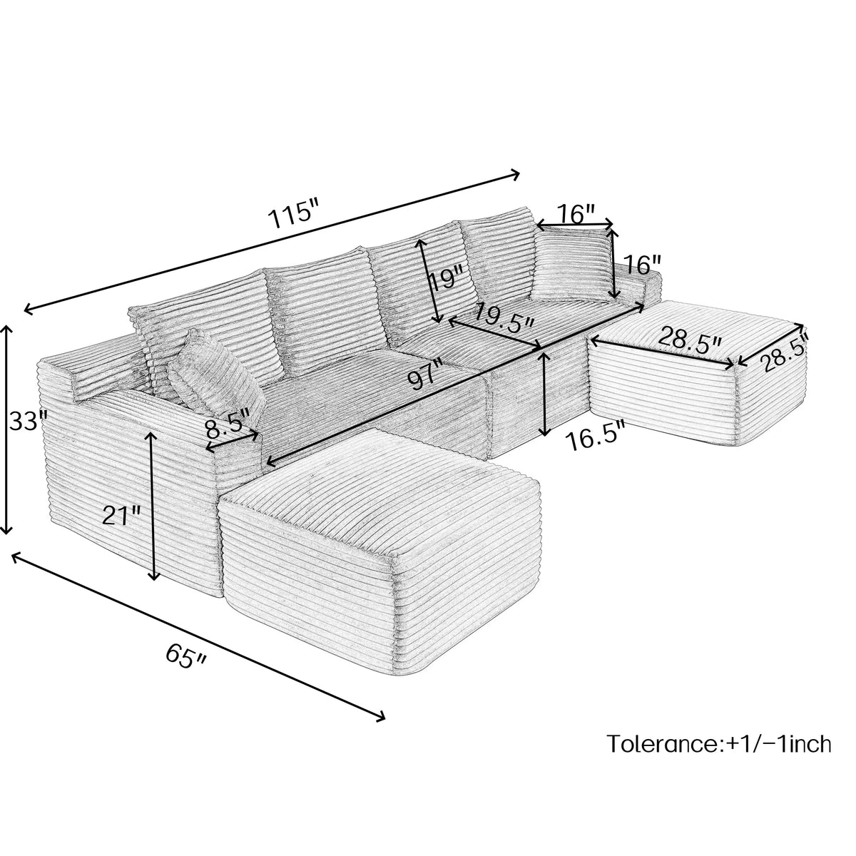 115" Comfy U-Shaped Sectional Couch, Modern Corduroy Sofa with Chaise and Ottoman, No-Tool Assembly Free Modular Cloud Sofa for Living Room Apartment, Green