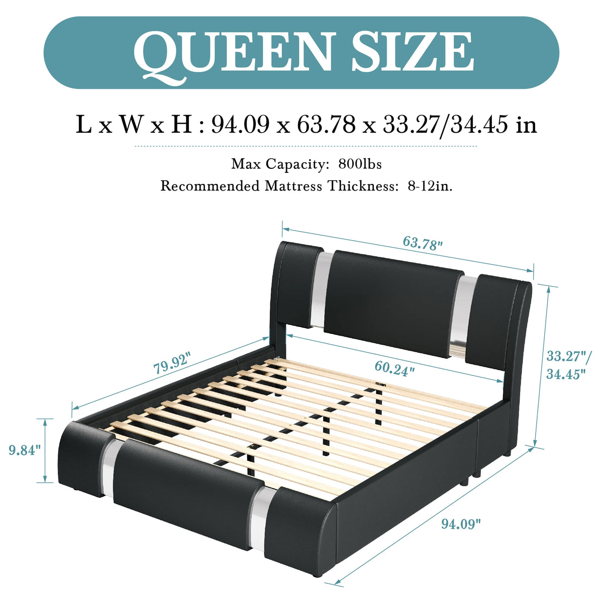 Modern Faux Leather Bed Frame with Iron Pieces Decor, Low Profile Platform Bed with Height-Adjustable Headboard