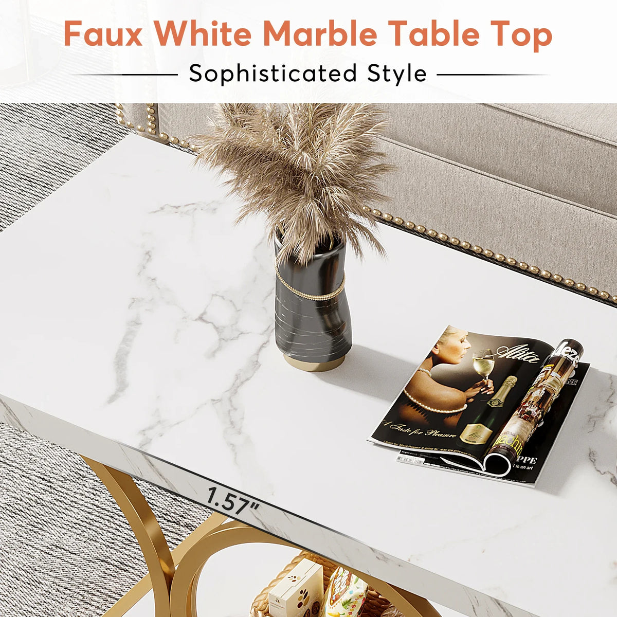Rectangle Coffee Table, 47.24-inch Modern Coffee Tables for Living Room, 2-Tier Faux Marble Wood Coffee Table