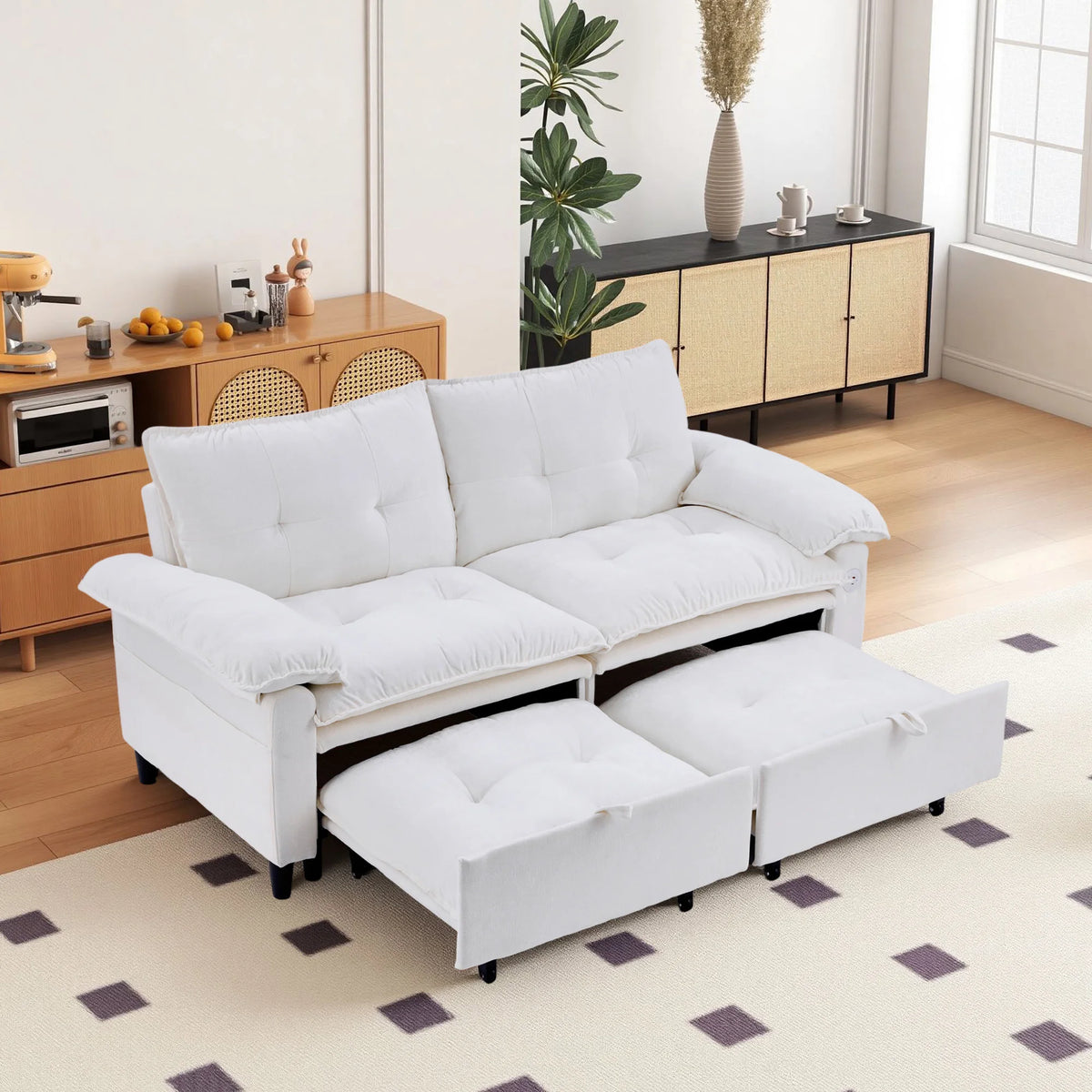 Double-person Convertible Sleeping Lounging Sofa With USB Charging Port 2-in-1 Upholstered Sofa Equipped With Thick  High-density Cushions Suitable for Small-sized Living Rooms Bedrooms Study Rooms Offices