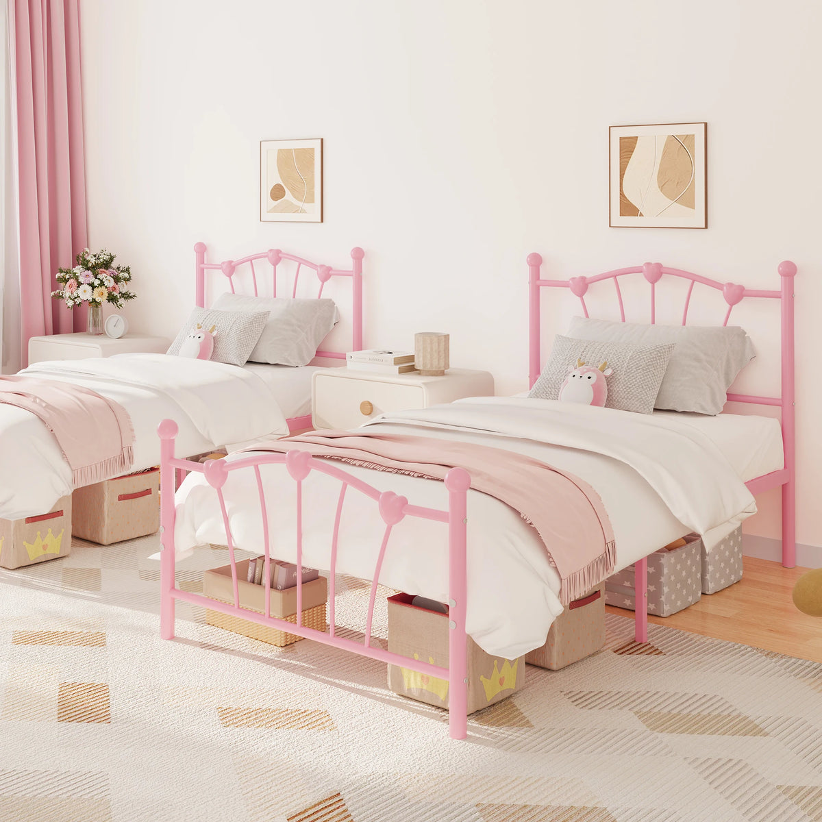 Twin Metal Platform Bed with Heart-Shaped Headboard and Footboard - Sturdy Slats - Silent - with Under-Bed Space, Without a Box Spring - White