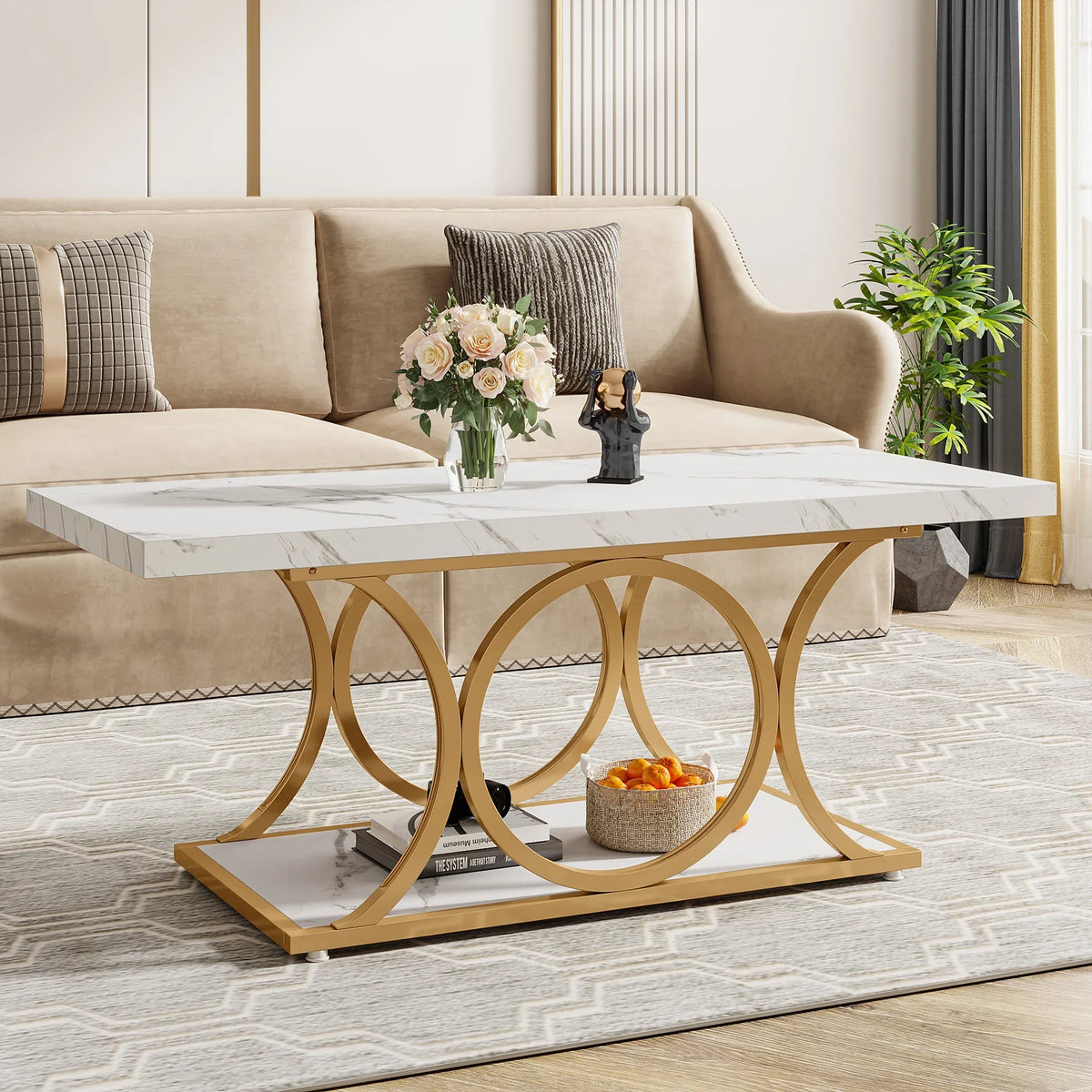 Rectangle Coffee Table, 47.24-inch Modern Coffee Tables for Living Room, 2-Tier Faux Marble Wood Coffee Table