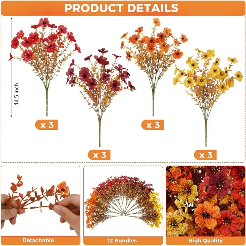 Artificial Fall Flowers, Fake Autumn Floral Stems Orange Yellow Silk Flower Bouquet, Thanksgiving Harvest Decorations for Home Table Vase, Wedding Party Decoration Flowers