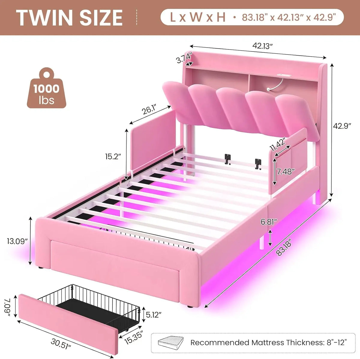 Twin Size Princess Bed Frame Storage Drawer Safety Guardrails Led Velvet Upholstered Platform Bed Girls Wavy Storage Headboard