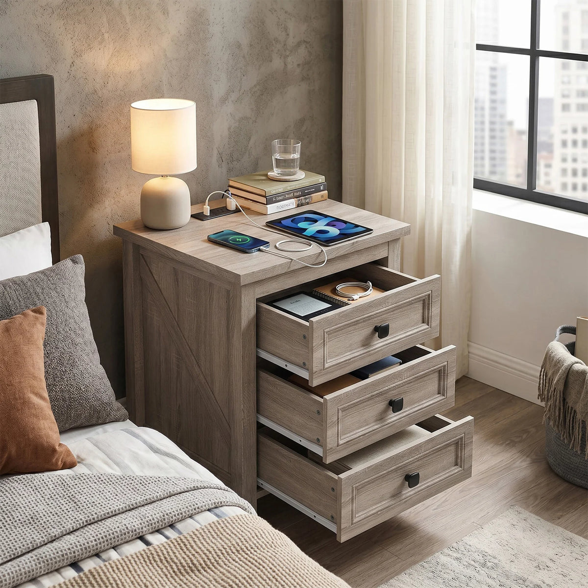 Farmhouse Nightstand w Charging Station AC Outlets USB Port 3 Drawers Side End Table for Bedroom Living Room Grey Wood Grain