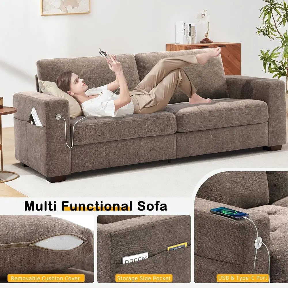 Sofa or Living Room, Comfy Sofa with Medium Firm Seat Cushion, Removable Cover, Wide Armrest ,USB/Type-C Port ,Chenille Fabric Couch