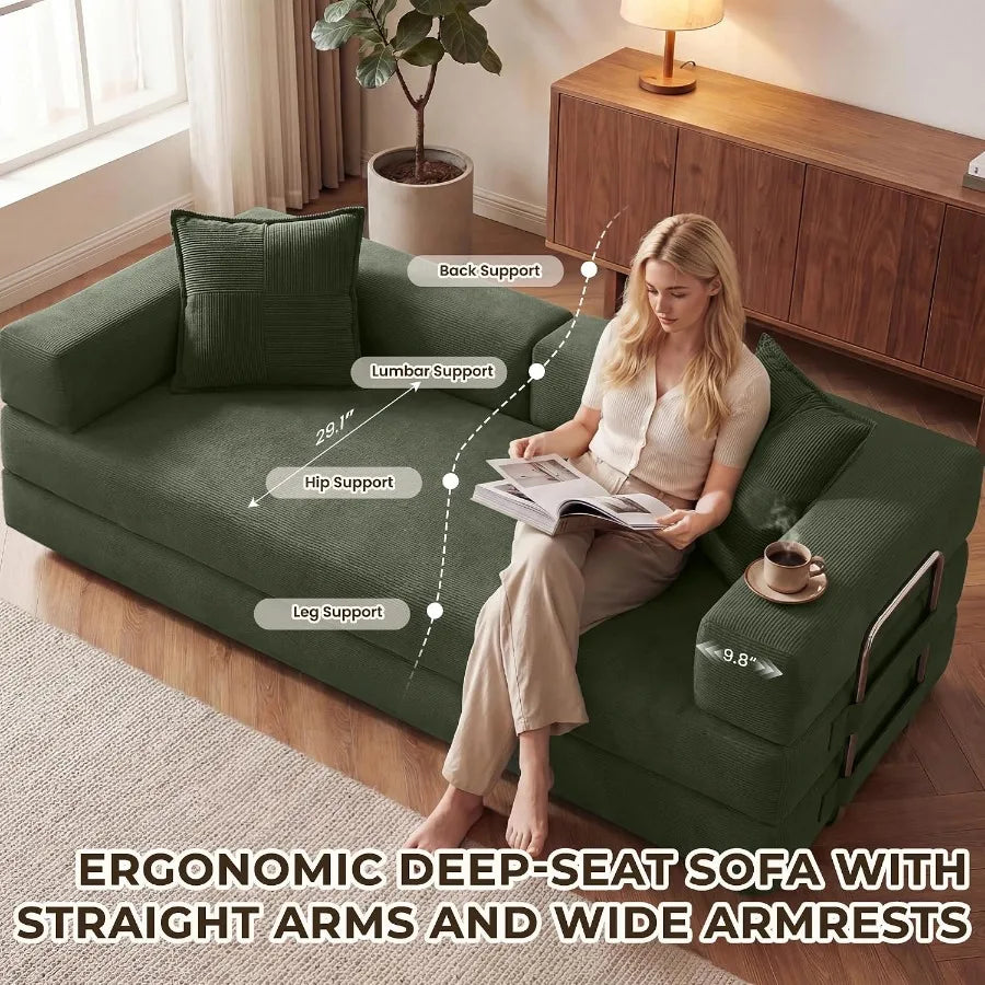 78 Inch 5‑in‑1 Convertible Boneless Futon Sofa Bed, Corduroy Multi‑Functional Sleeper Couch for Living Room Small Space