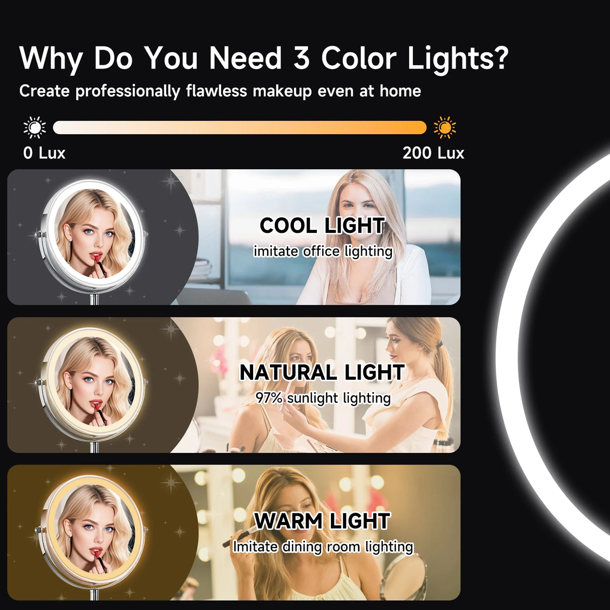 Double Sided LED Lighted Makeup Mirror, Height Adjustable Touch Control Vanity Mirror with Ring Light, 360° Swivel 1X/10X Magnification Cosmetic Mirror for Bathroom Dresser Tabletop
