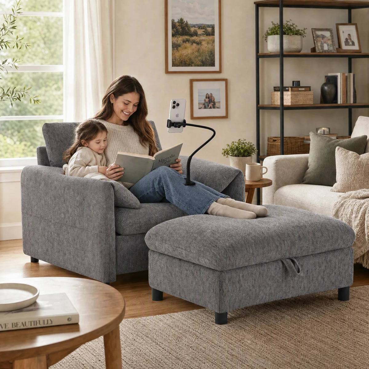 Modern Single Sofa Armchair With Storage Footstool and Adjustable Phone Holder Suitable for Living Room Bedroom Apartment Small Space and Home Office