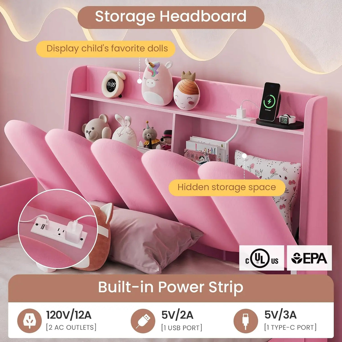 Twin Size Princess Bed Frame Storage Drawer Safety Guardrails Led Velvet Upholstered Platform Bed Girls Wavy Storage Headboard