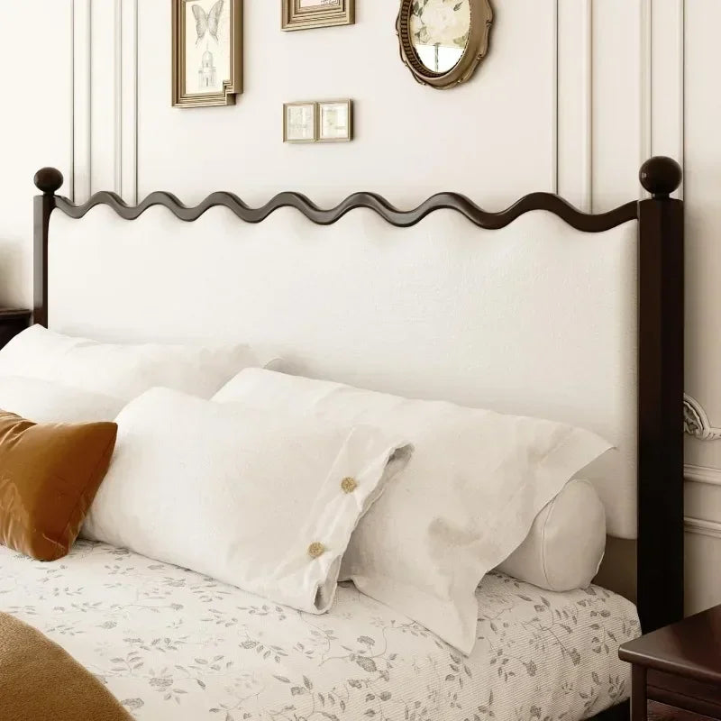 Wood Bed Frame King with Vintage Wave Headboard, 48" Tall Leather Upholstered Bed Frame, Mattress Foundation, No Box Spring Need