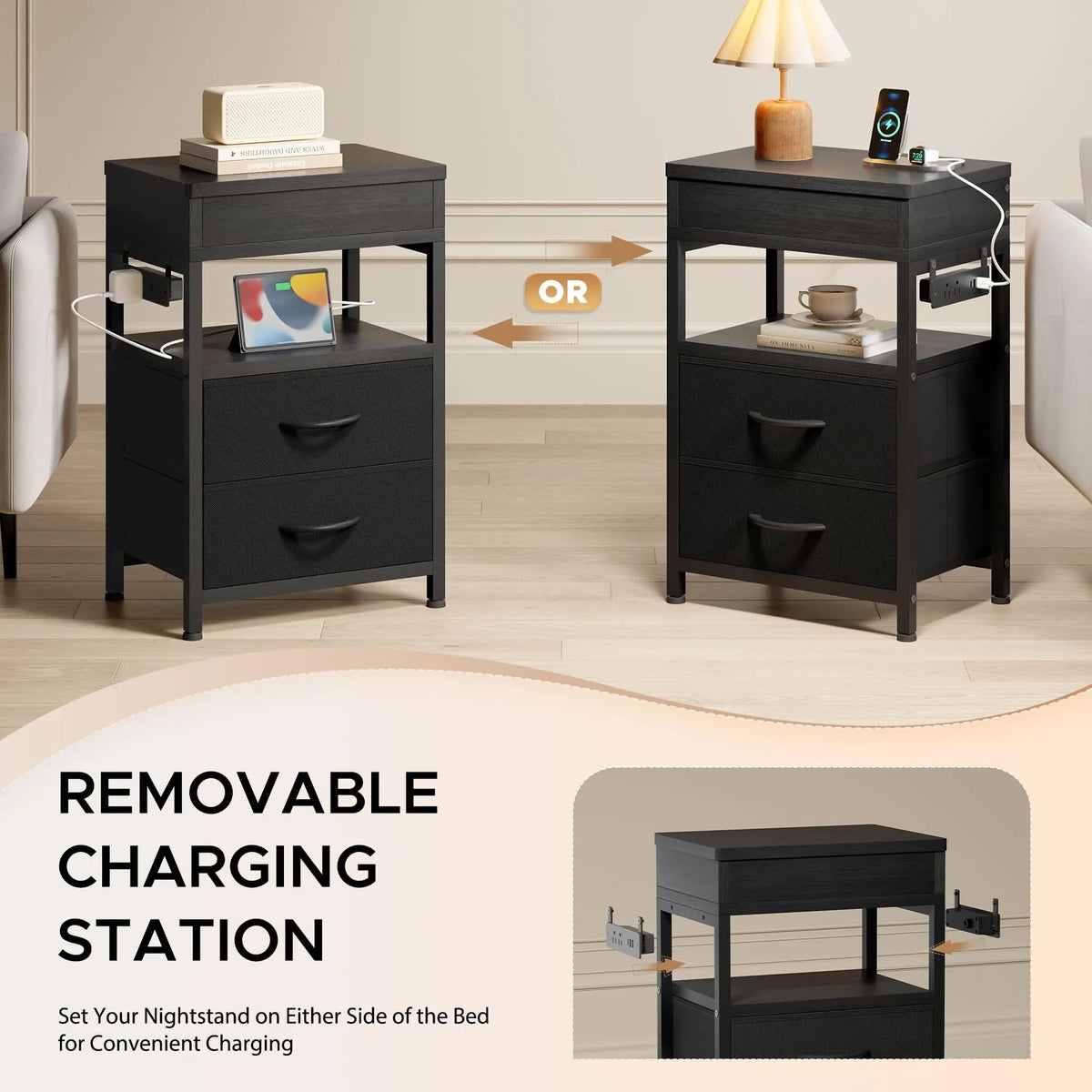 Nightstand, Lockable Hidden Compartment, Sliding Top Charging Station, 2 Fabric Drawers with USB & AC Outlets