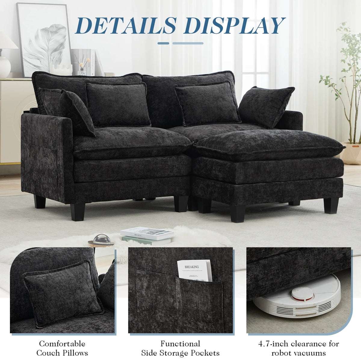 TCGBKAF 77.6 inch L Shape Cloud Couch, 2-Seater Chenille Modular Sectional Sofa with Ottoman, Deep Seat Upholstered Sofa with Pillows for Home Living Room Apartment