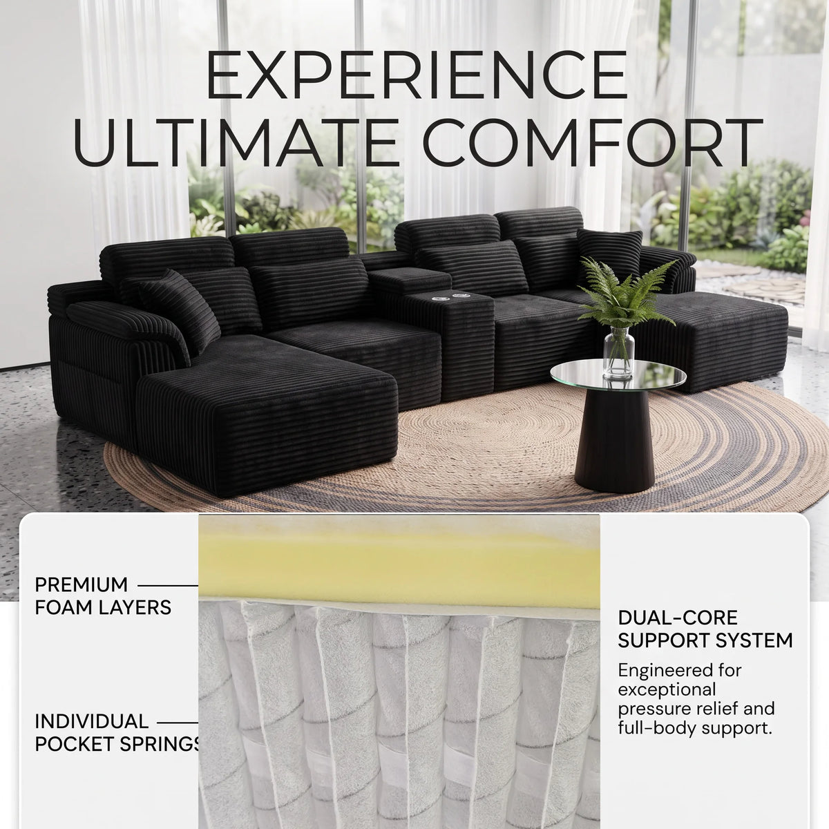 Modern Modular U-Shaped Sectional Sofa, Compressed Corduroy Couch with Storage Console & Cup Holders, Fluffy Deep Seating Living Room Furniture, Easy to Transport
