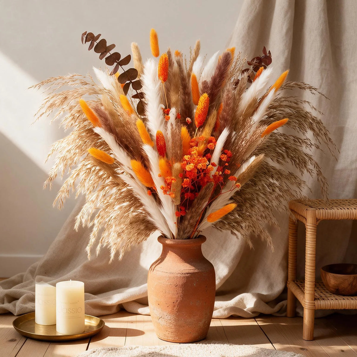 90PCS Pampas Grass Bouquet 17.5in Mixed Dried Flowers Natural Broomcorn Bunny Tails Red Eucalyptus White Pampas Orange Babys Breath Gem Grass Boho Fall Home Decor Wedding Centerpiece Table Arrangement Vase Filler Farmhouse Bo