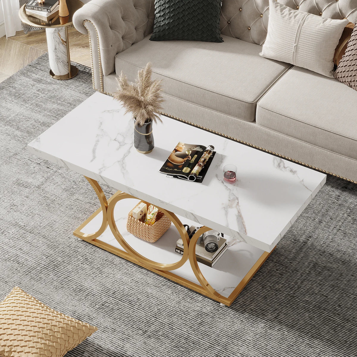 Rectangle Coffee Table, 47.24-inch Modern Coffee Tables for Living Room, 2-Tier Faux Marble Wood Coffee Table