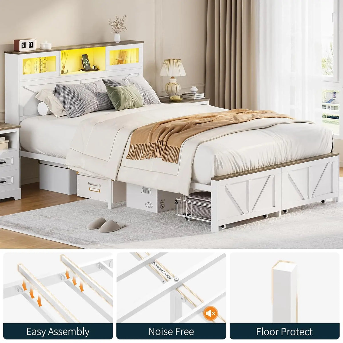 Full Size Bed Frame with Headboard, Full Bed Frame with Charging Station, LED Beds with 2 Storage Drawers, Wood Farmhouse Bedframe