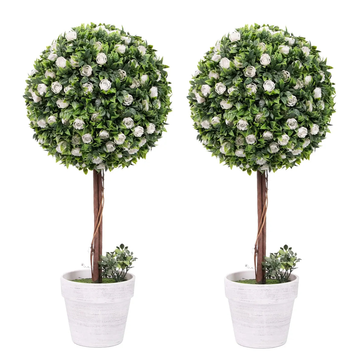 2Pcs 60cm Artificial Rose Topiary Tree, Potted White/Red Flower Ball Tree with Realistic Green Leaves, Faux Ball Shaped Plant in Stable Pot for Indoor Outdoor Garden Patio Home Decor