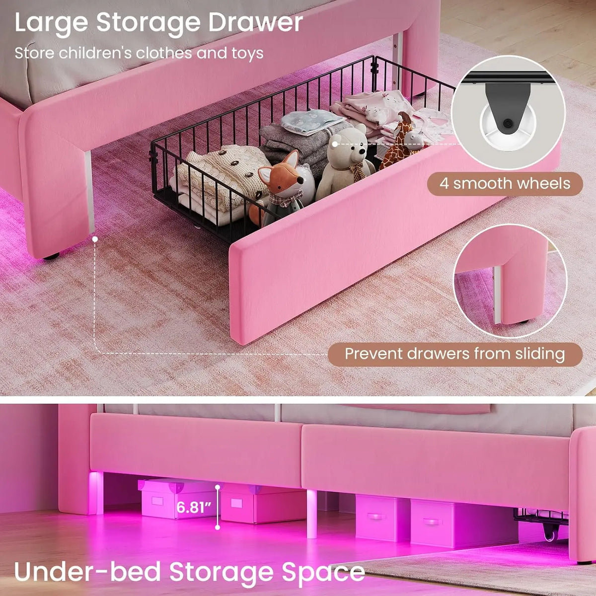 Twin Size Princess Bed Frame Storage Drawer Safety Guardrails Led Velvet Upholstered Platform Bed Girls Wavy Storage Headboard