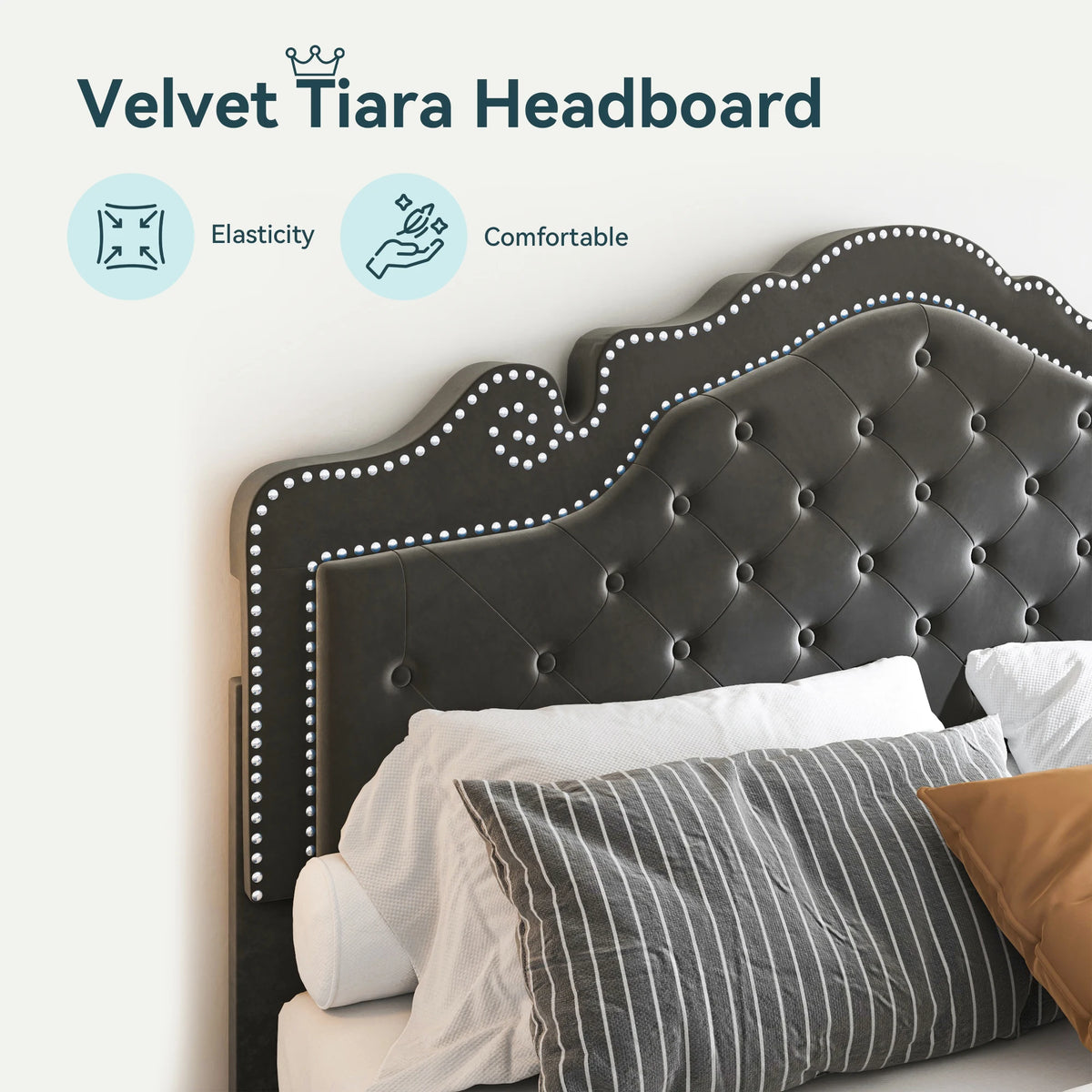 Full/Queen/King Size Velvet Bed Frame with Adjustable Tiara Headboard, Diamond Tufted Upholstered Platform Bed