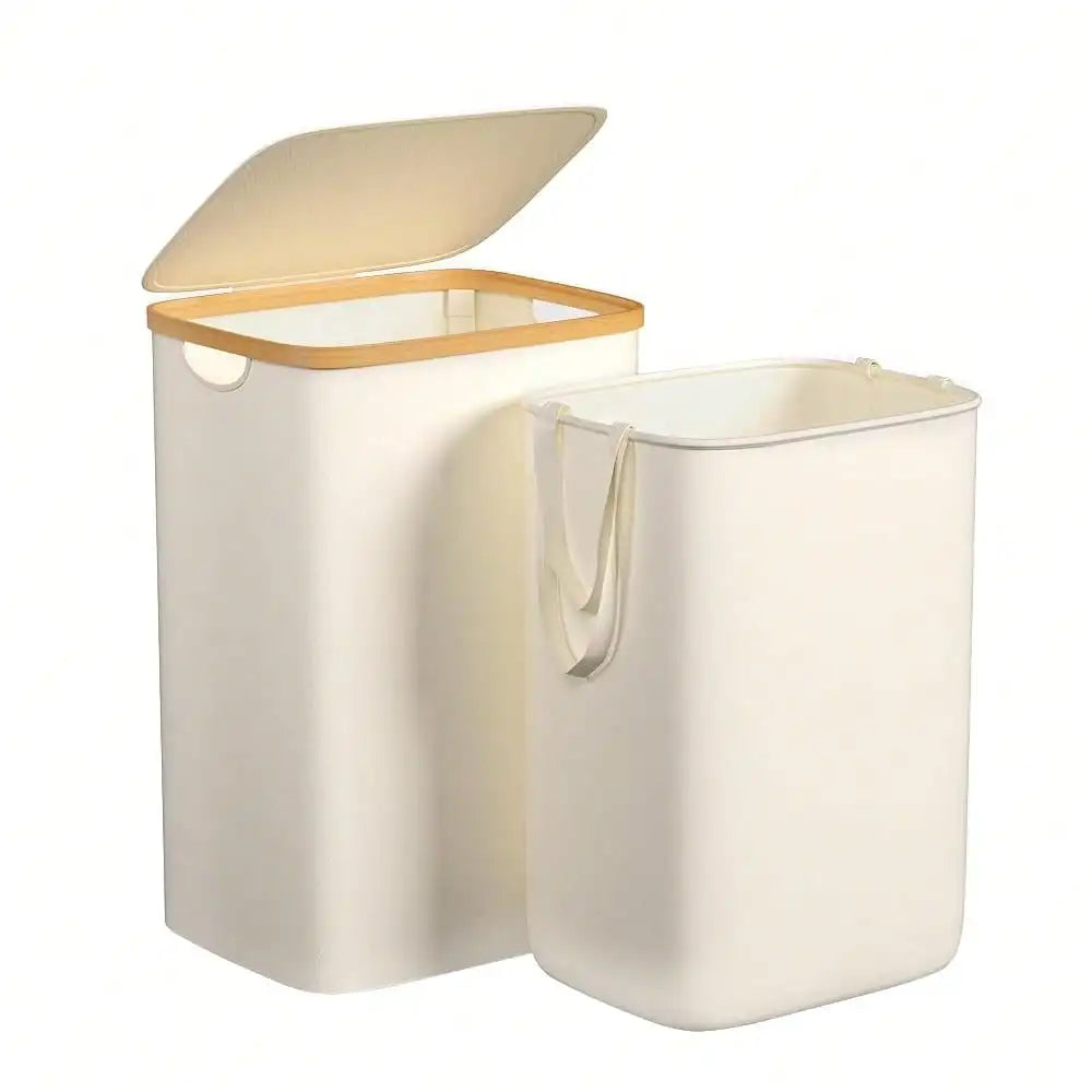 Large Laundry Hamper, 100L Waterproof Laundry Basket With Lid And Removable Bag, Collapsible Tall Clothes Hamper With Bamboo Handles For Clothes Toys In Dorm Bedroom Bathroom, Beige