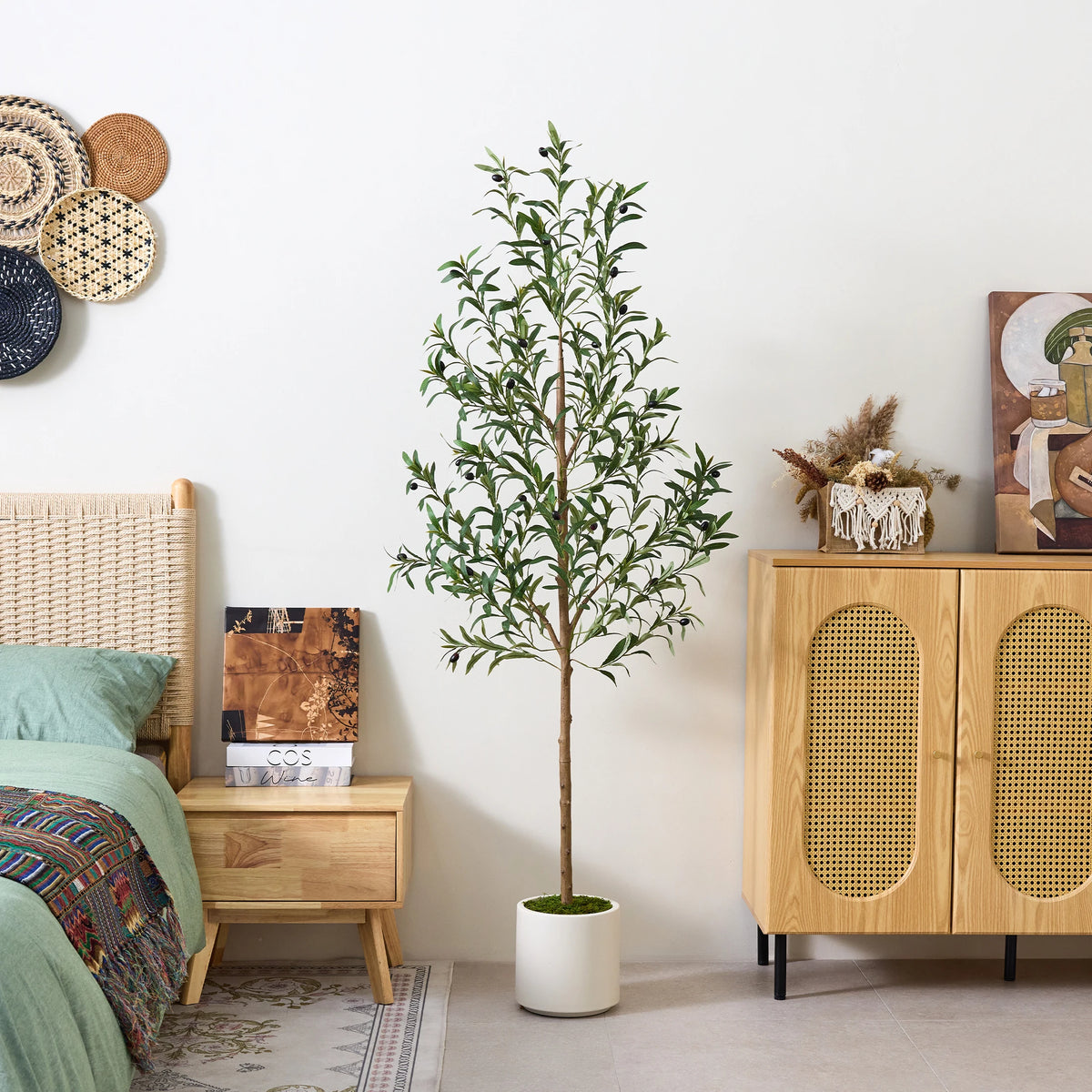Artificial Olive Tree, Faux Potted Olive Tree with White Planter And Moss, 5FT/6FT Tall Fake Silk Plant with Realistic Leaves And Fruits for Living Room, Bedroom, Office, Entryway, Modern Home Decor