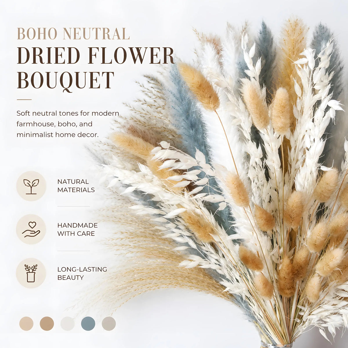 100PCS Pampas Grass Bouquet 17.5in Mixed Dried Flowers Bunny Tails Dried Oats Reed Grass Dusty Blue White Beige Boho Neutral Home Wedding Decor Farmhouse Table Centerpiece Vase Filler Rustic Minimalist Handmade Vase Not Inclu
