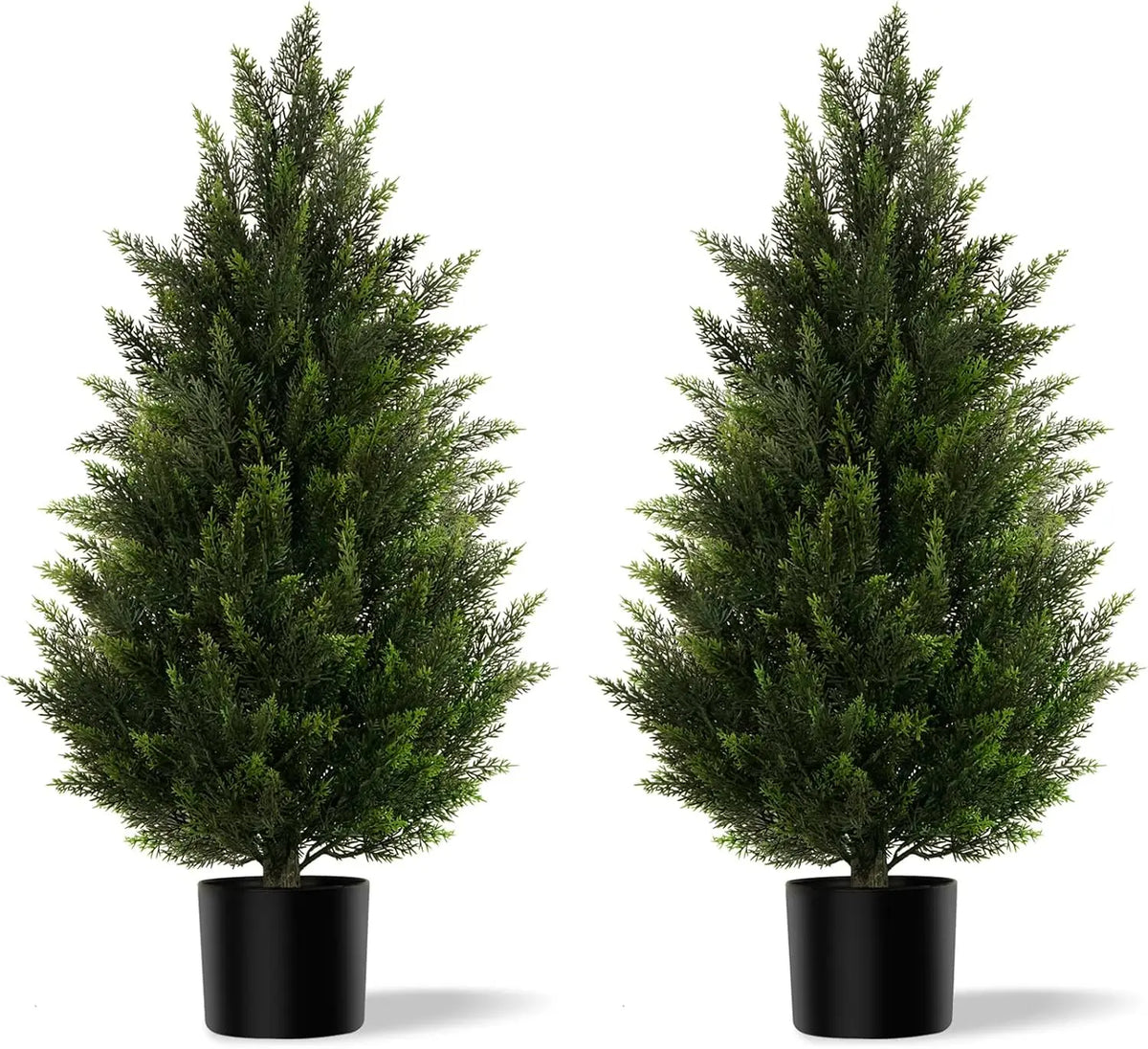 Faux Outdoor Plants Set of 2 with Realistic PE Foliage, UV Resistant Artificial Cedar Trees for Front Porch Patio Entryway Decor