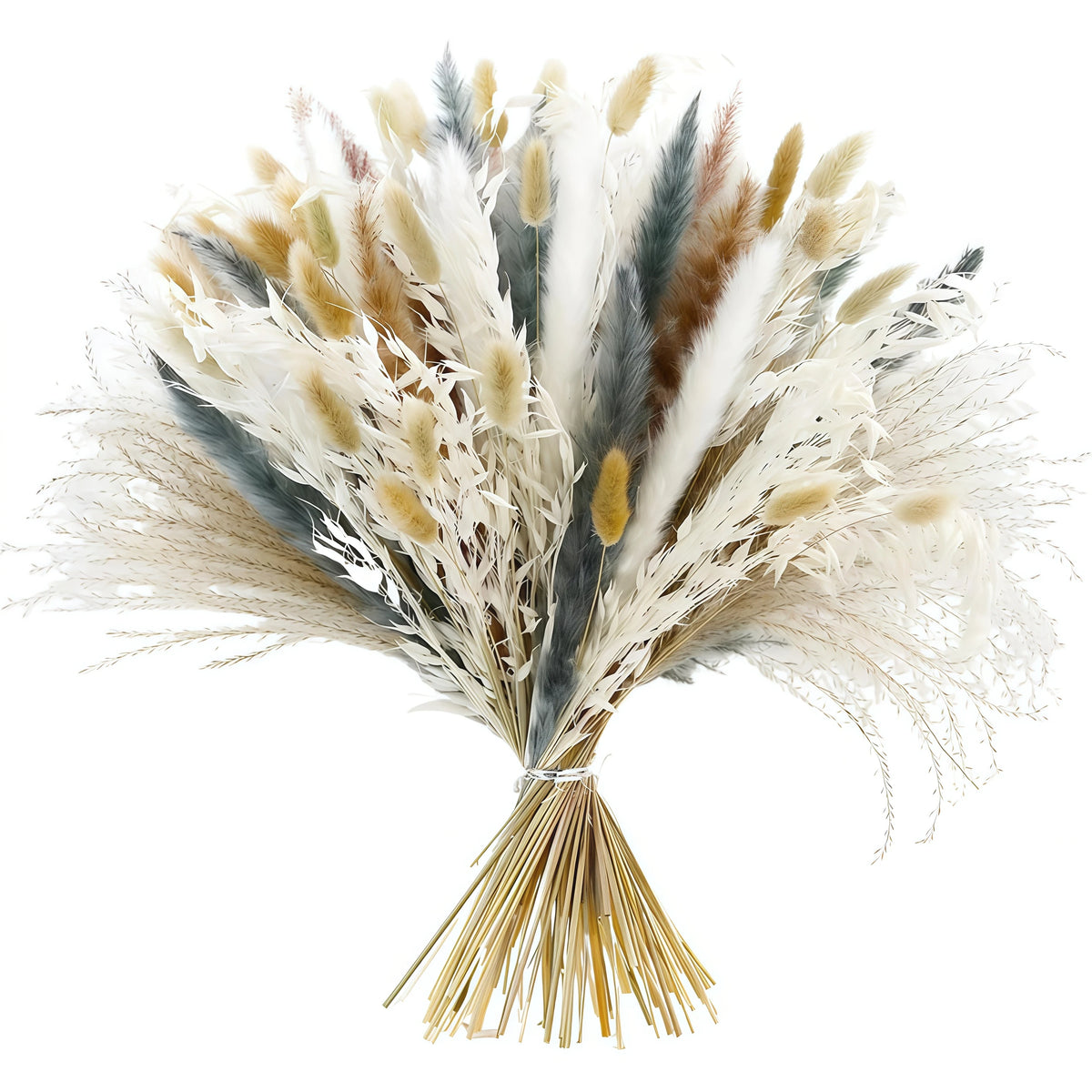 100PCS Pampas Grass Bouquet 17.5in Mixed Dried Flowers Bunny Tails Dried Oats Reed Grass Dusty Blue White Beige Boho Neutral Home Wedding Decor Farmhouse Table Centerpiece Vase Filler Rustic Minimalist Handmade Vase Not Inclu