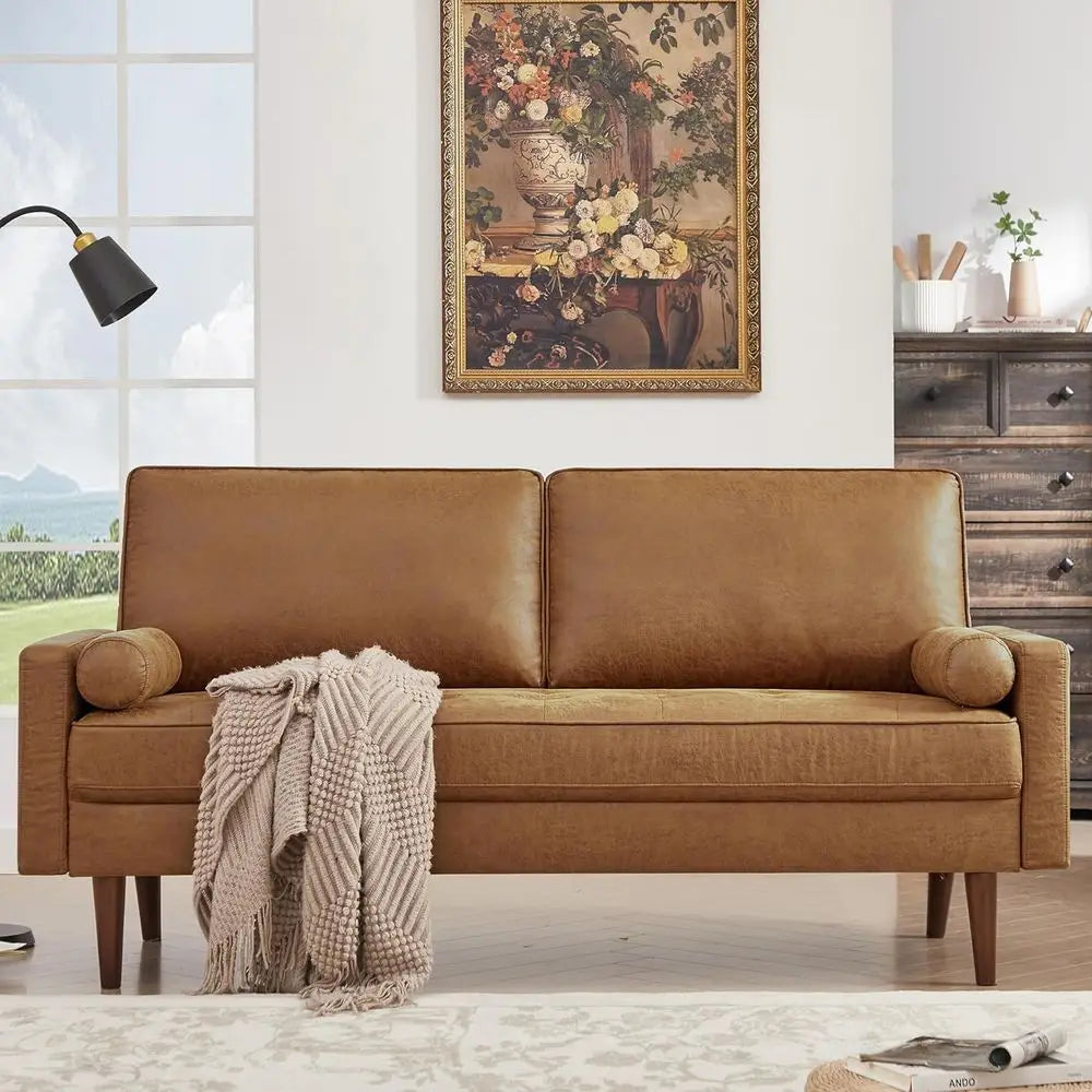 58" Loveseat Sofa Couch, Faux Leather Couch with Hand-Sewn Deep Love Seat & 2 Pillows, Home Sofa Living Room Small Couch