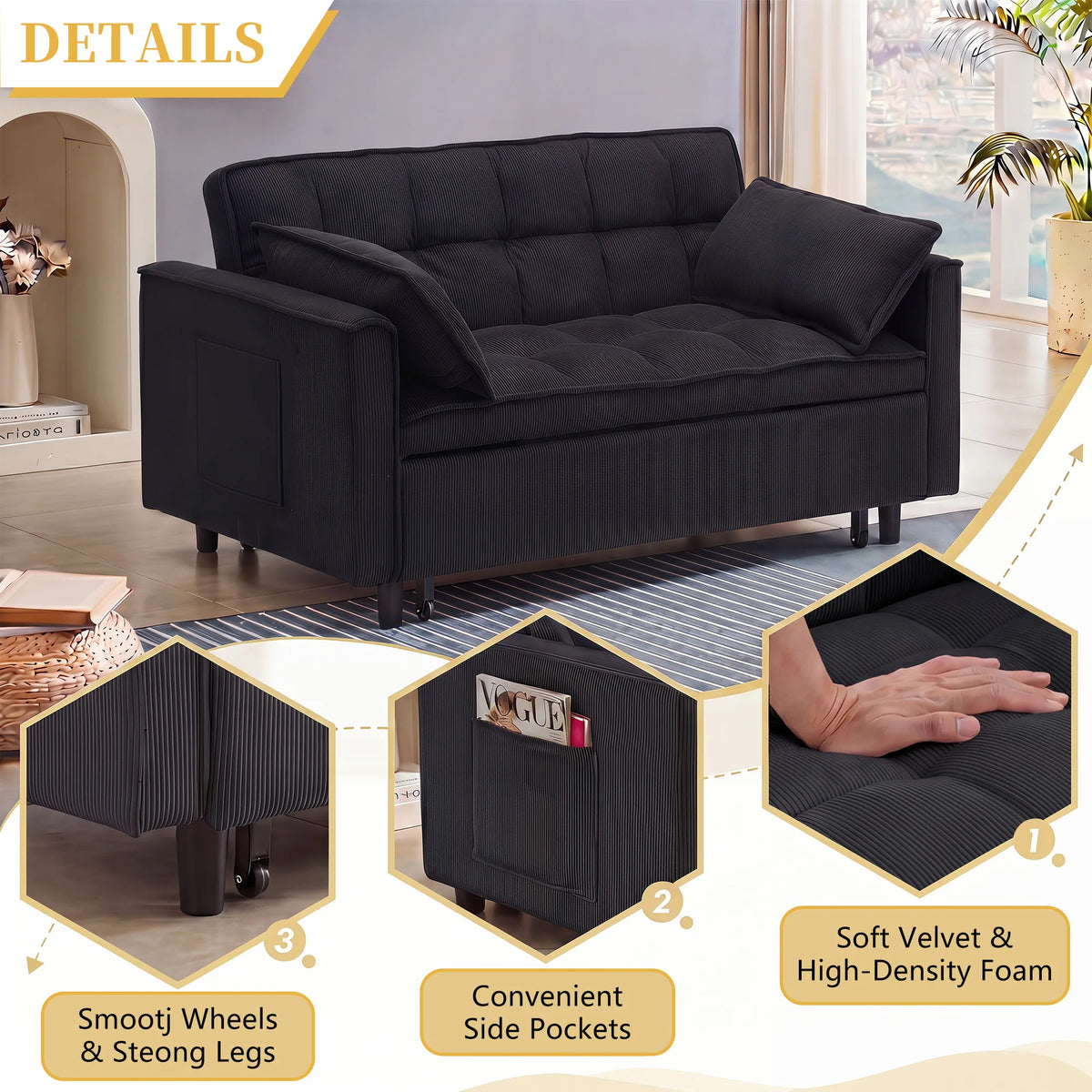 55.1" Corduroy Convertible Sleeper Sofa Bed, Pull Out 2-Seater Loveseat Couch with Side Storage Pocket & Throw Pillows, Compact Upholstered Sofa for Small Apartment Living Room Bedroom