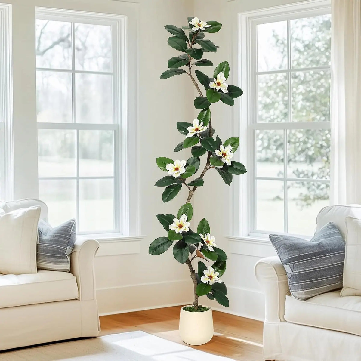 Rubber Tree Artificial Tree in White Planter Pot,Faux Plants Indoor Faux Floor Plant Artificial Plants with Magnolia Flowers for Home Office Decor