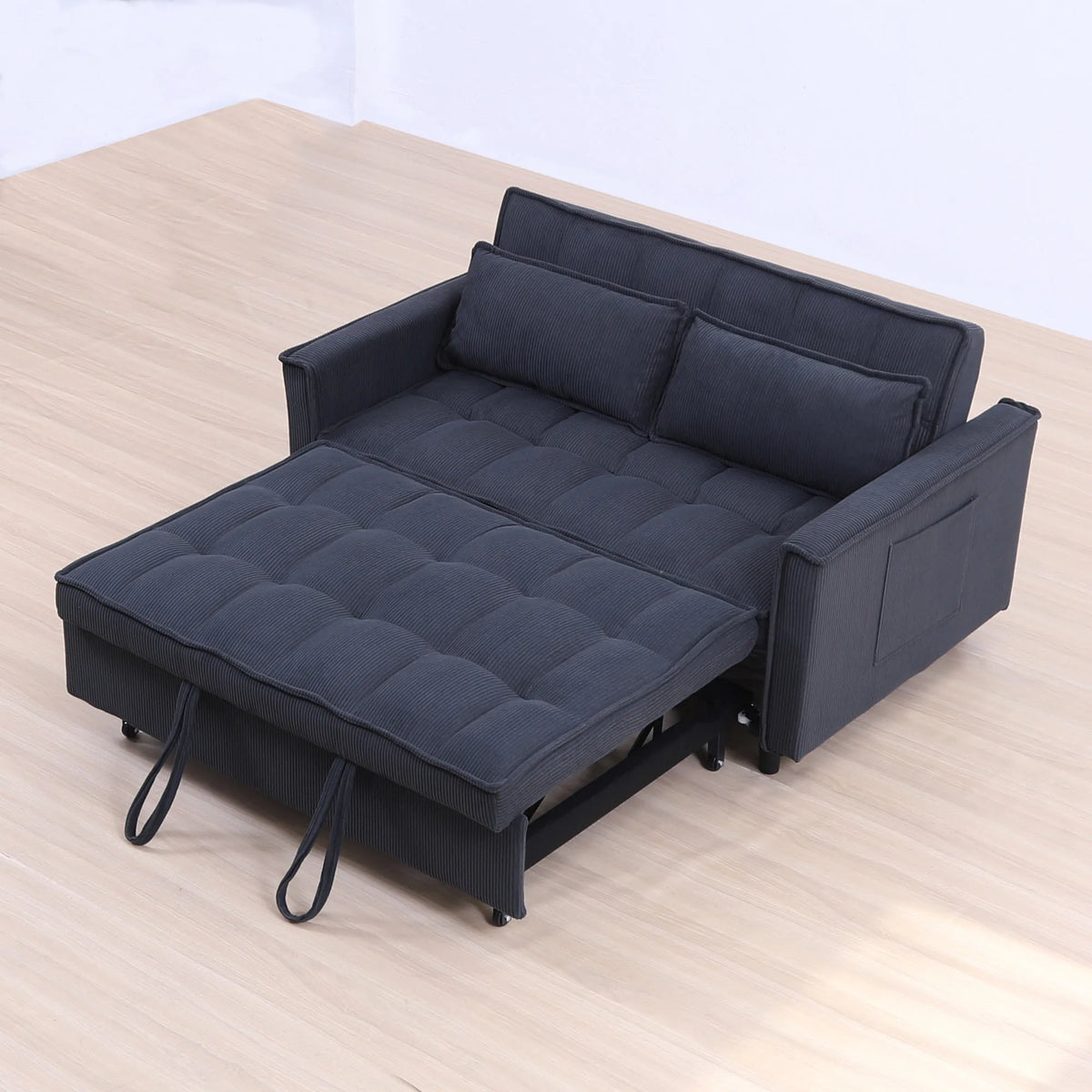 55.1" Corduroy Convertible Sleeper Sofa Bed, Pull Out 2-Seater Loveseat Couch with Side Storage Pocket & Throw Pillows, Compact Upholstered Sofa for Small Apartment Living Room Bedroom