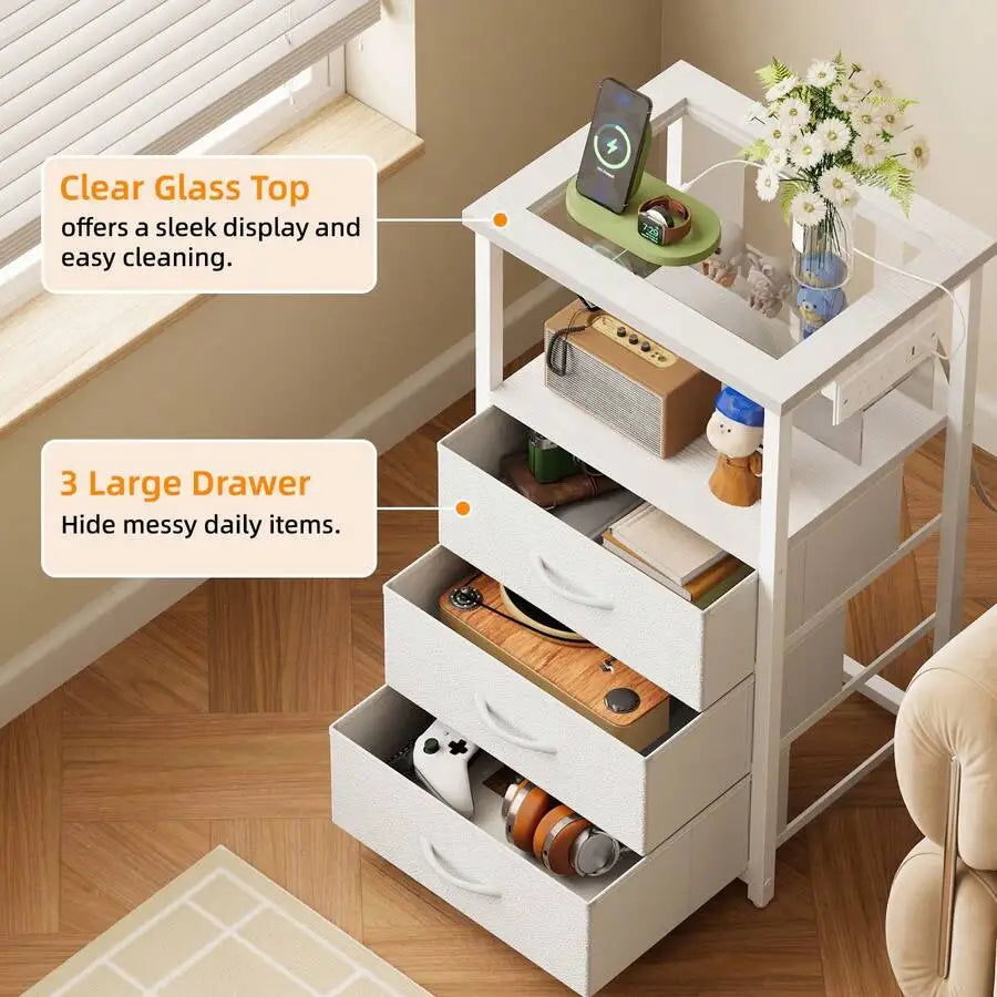 Tomnk Bedside Table With Charging Station, LED Nightstand With USB Ports And Outlets, 3 Fabric Storage Drawers With PU Finish, Bed Side Table For Bedroom, Living Room, White/Black