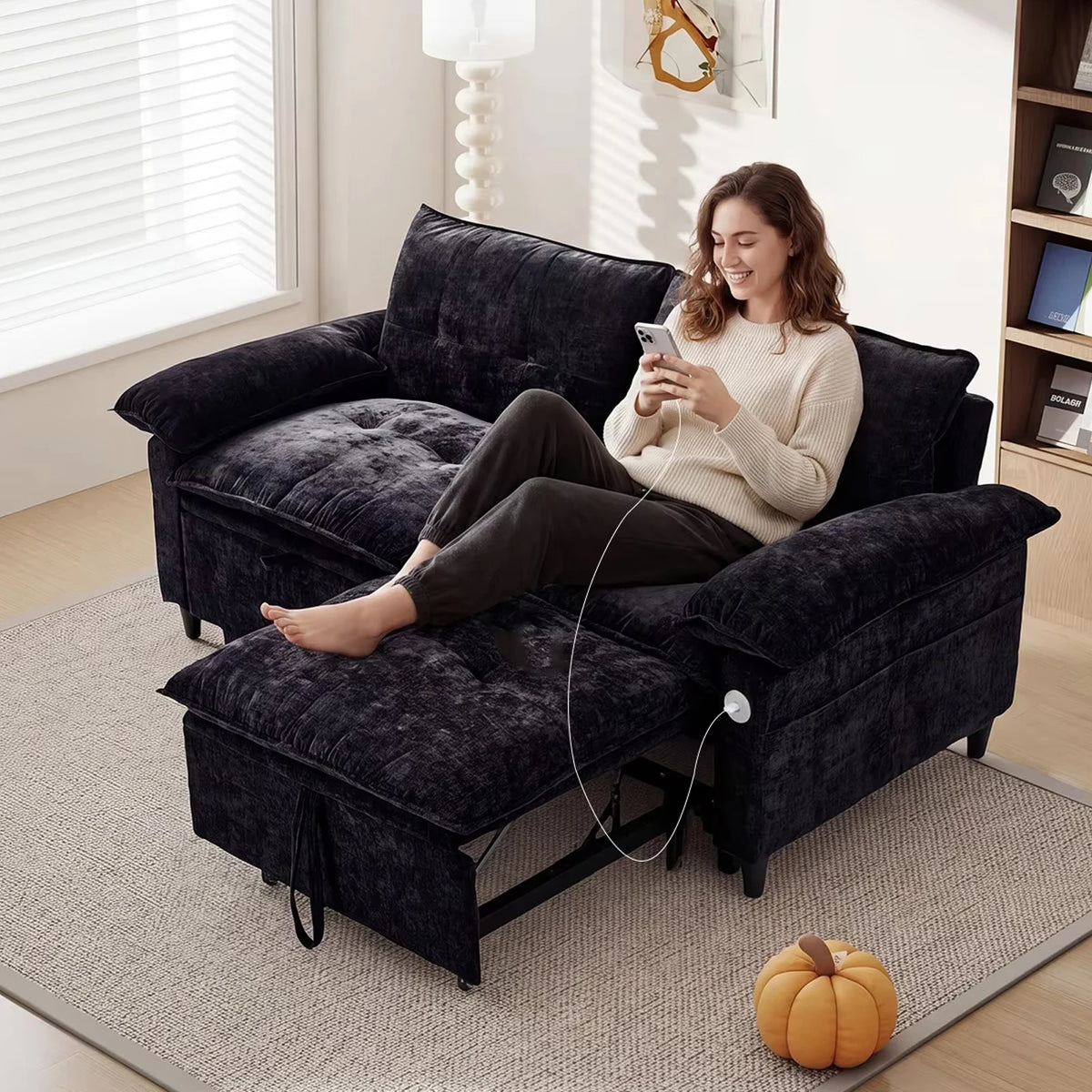 Double-person Convertible Sleeping Lounging Sofa With USB Charging Port 2-in-1 Upholstered Sofa Equipped With Thick  High-density Cushions Suitable for Small-sized Living Rooms Bedrooms Study Rooms Offices