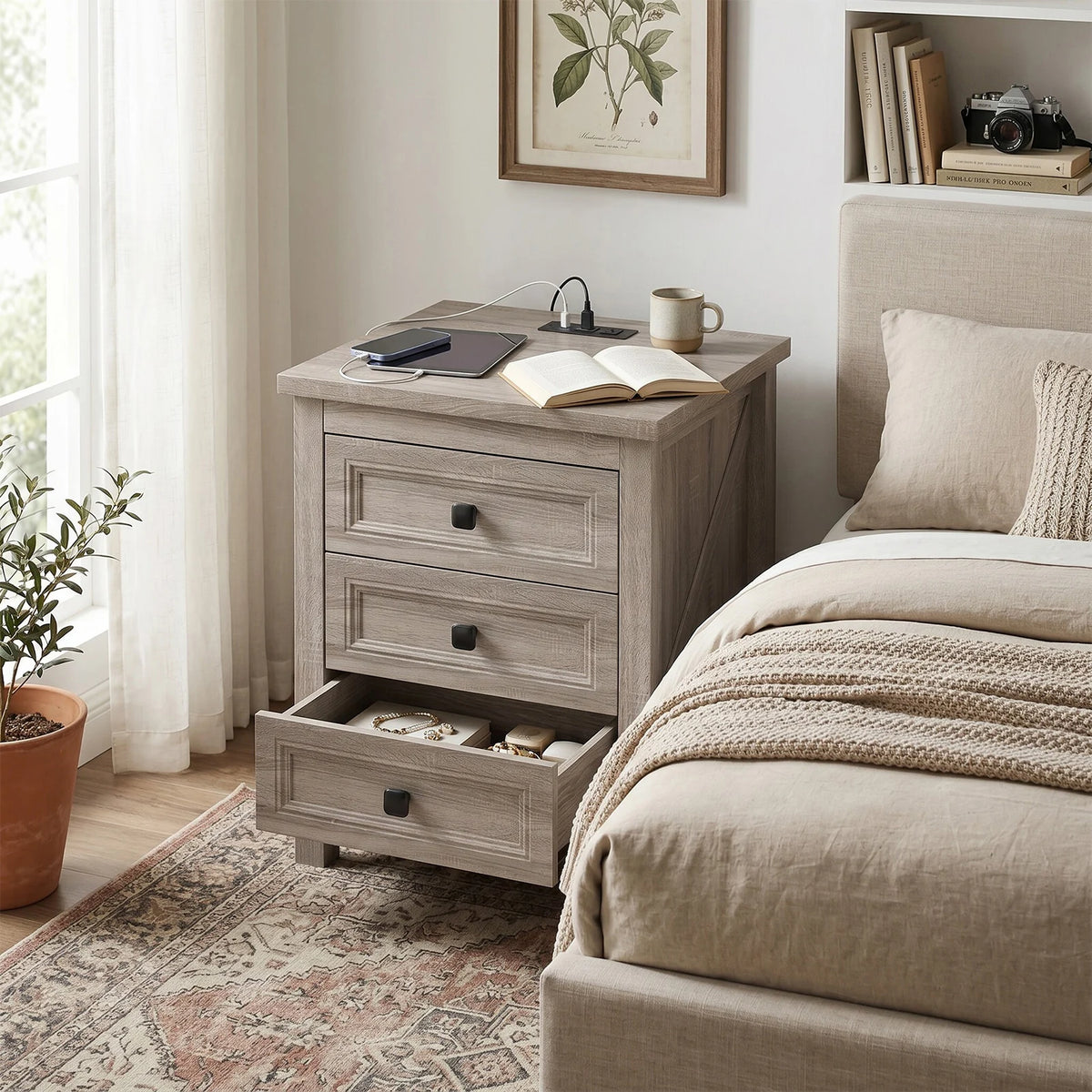 Farmhouse Nightstand w Charging Station AC Outlets USB Port 3 Drawers Side End Table for Bedroom Living Room Grey Wood Grain